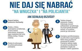 Na ilustracji widoczna ikonografia seniorki, za którą stoi zamaskowana postać, poniżej podane wskazówki jak nie paść ofiarą oszusta