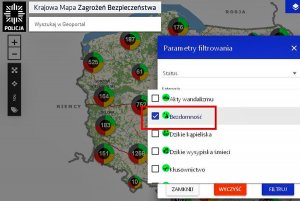 Na zdjęciu widoczna aplikacja Krajowa Mapa Zagrożeń Bezpieczeństwa, z otwartą zakładką bezdomność