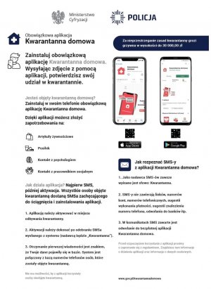 Obrazem zawiera informację o możliwości pobrania bezpłatnej aplikacji mobilnej Kwarantanna Domowa oraz opis instalowania na telefonach komórkowych.