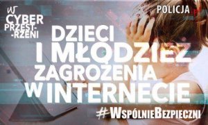 Obraz zawiera hasło akcji #WspólnieBezpieczni pt. &quot;Dzieci i młodzież zagrożenia w internecie. Napis białą czcionką, a w tle dziecko siedzące przed komputerem.