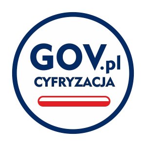 Obraz zawiera koło z rantem koloru niebieskiego wewnątrz napis GOV.PL CYFRYZACJA zapisane także kolorem niebieskim, poniżej wstęga koloru biało - czerwonego. Całość obrazy na biały tle.