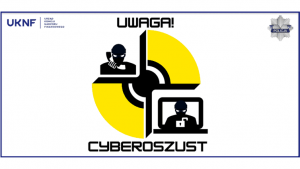 Obraz to ikonografia przedstawia dwa półokręgi w kolorze czarnym i żółtym. W lewej górnej części okręgu ikonografia dzwoniącego do swojej ofiary oszusta. W dolnym prawym rogu okręgu  ikonografia oszusta siedzącego przed komputerem typu laptop. W lewym górnym rogu obrazu logo Urzędu Komisji Nadzoru Finansowego, w lewym górnym rogu logo Policji. Na dole ikonografii napis CYBEROSZUST napisany czarną czcionką.