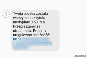 Na ilustracji widoczna treść informacji SMS &quot;Twoja paczka została wstrzymana z tytułu niedopłaty 0. 50 PLN. Przepraszamy za utrudnienia. Prosimy o uregulowanie należności&quot;.