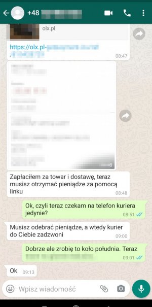 Na zdjęciu widoczna korespondencja pomiędzy oszustem,a ofiarą. Zrzut ekrany z platformy OLX.