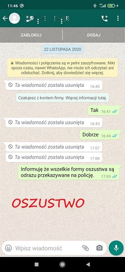 Na zdjęciu widoczny zrzut ekranu z telefonu komórkowego zawierający przykładową korespondencję oszusta z ofiarą.