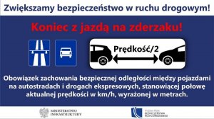 na ilustracji widoczne dwa samochody osobowe pomiędzy nimi linia prosta z oznaczeniem 2 metry. Z lewej strony ilustracji dwa znaki drogowe droga ekspresowa i autostrada. Powyżej ilustracji napis koniec jazdy na zderzaku poniżej ilustracji napis obowiązek zachowania bezpiecznej odległości miedzy pojazdami na autostradach i drogach ekspresowych, stanowiącej połowę aktualnej prędkości w km/h wyrażonej w metrach.